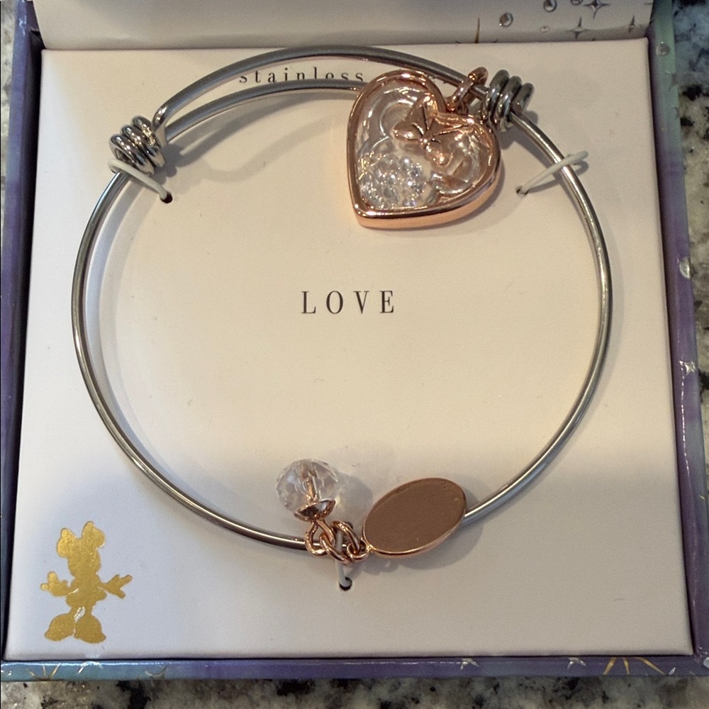 Disney Two-Tone Heart Charm Bangle Bracelet in Silver and Rose Gold